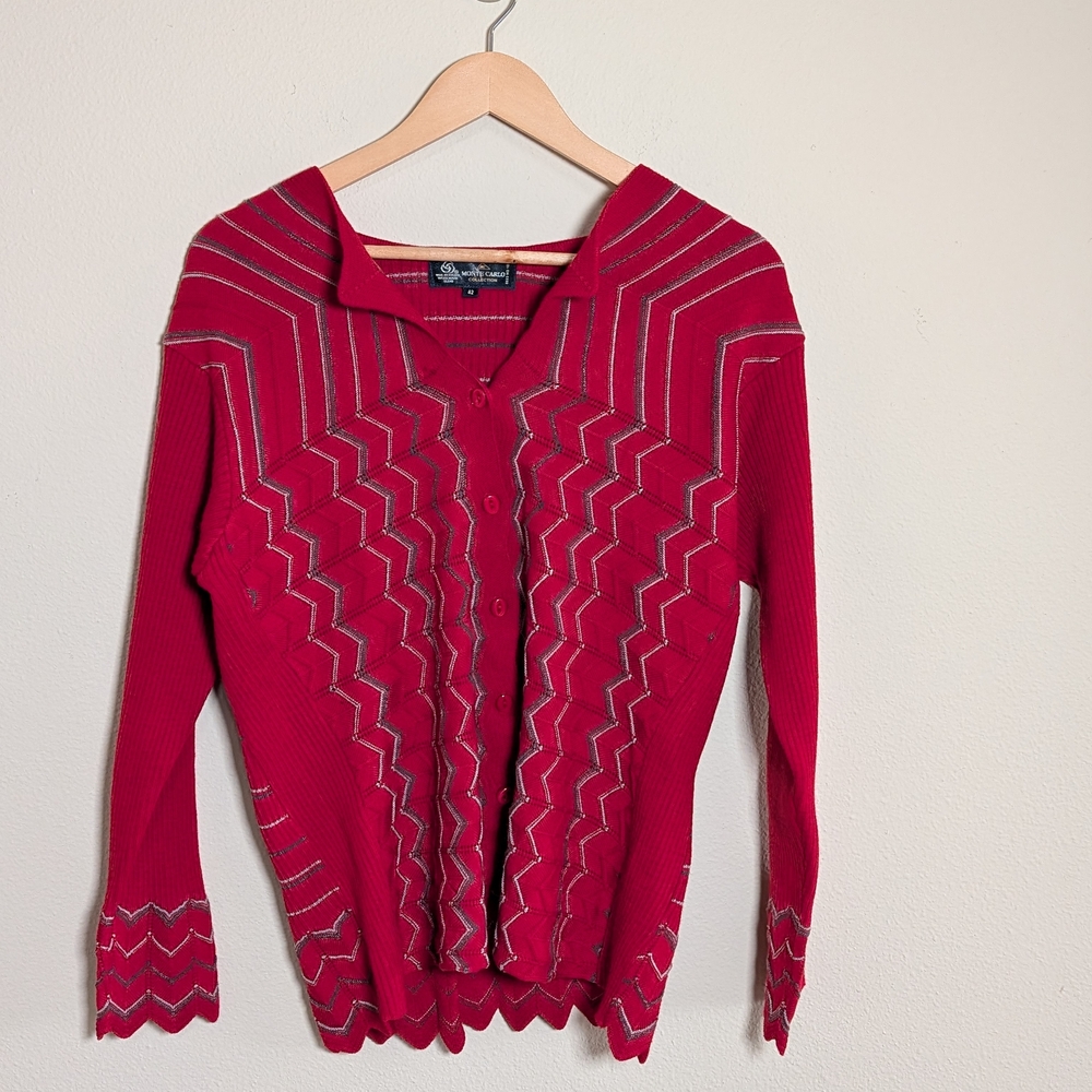 Zigzag Merino Wool‎ Blend Knit Cardigan Sweater, Red, Size 42 (XL)